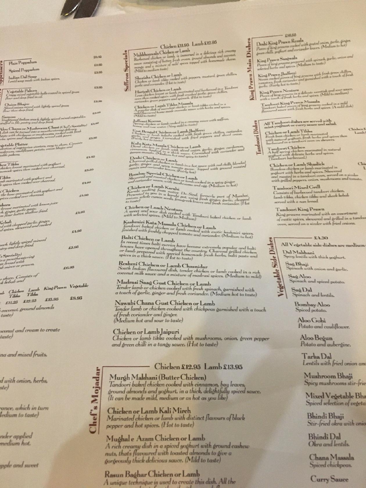 Menu at Saffron Innerleithen (Authentic Indian Restaurant and