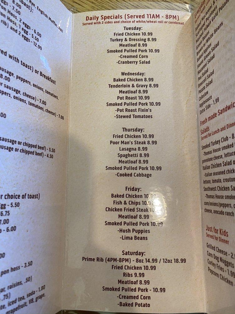 Menu at Thomas House Restaurant, Dayton