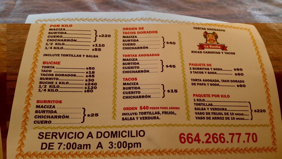 Carta del restaurante Carnitas La Rosita, Tijuana