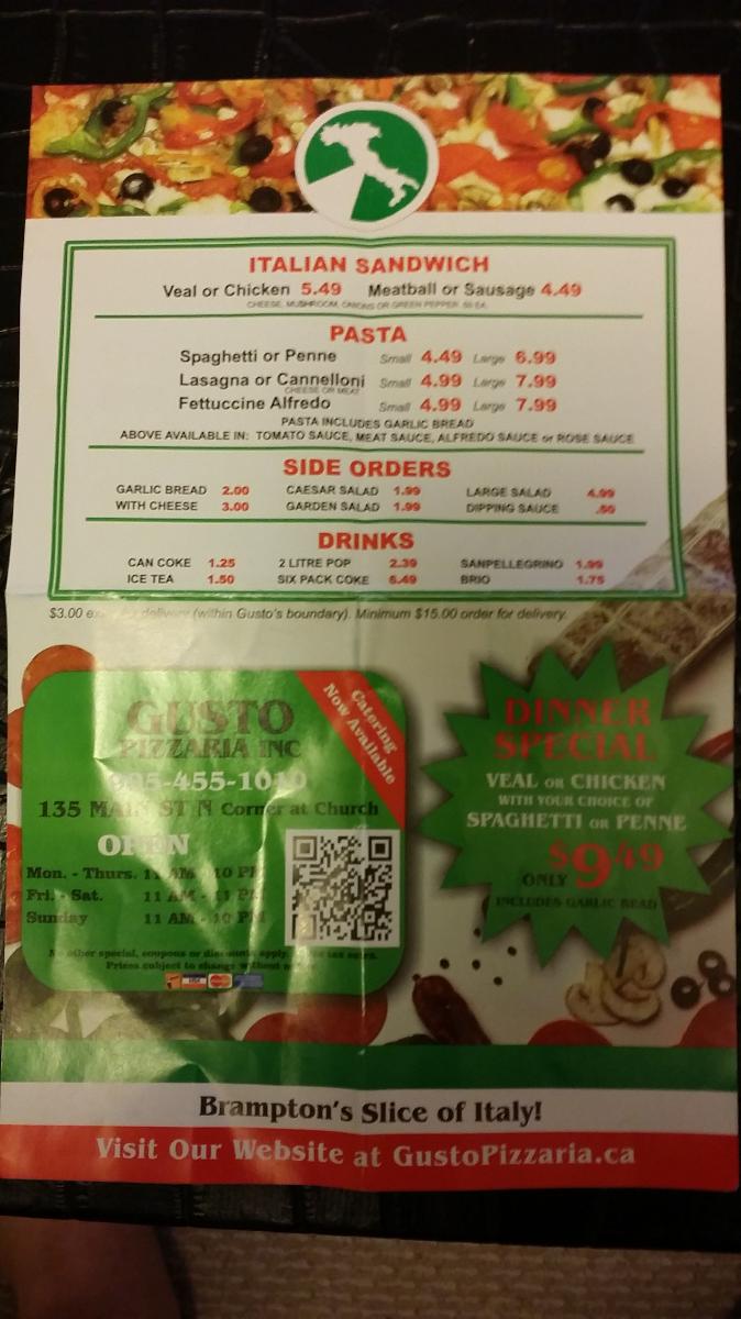 Menu at Gusto Pizzaria Inc pizzeria, Brampton, 247 Queen St E