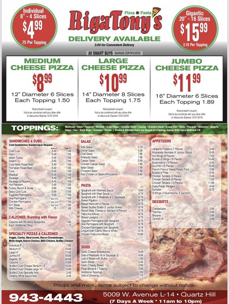 Menu at RigaTony’s Pizza & Pasta pizzeria, Lancaster