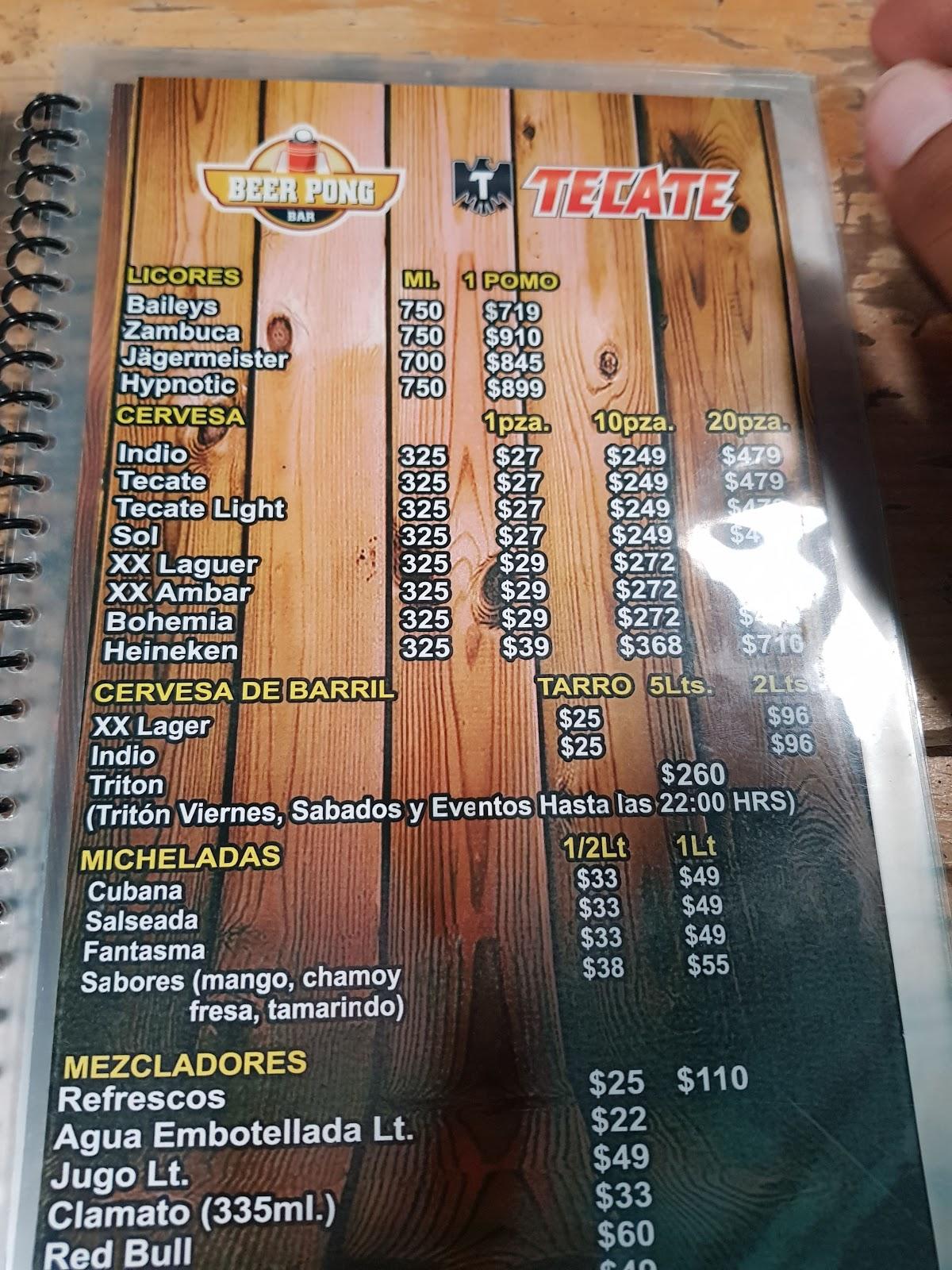 Carta de Beer pong bar, Morelia