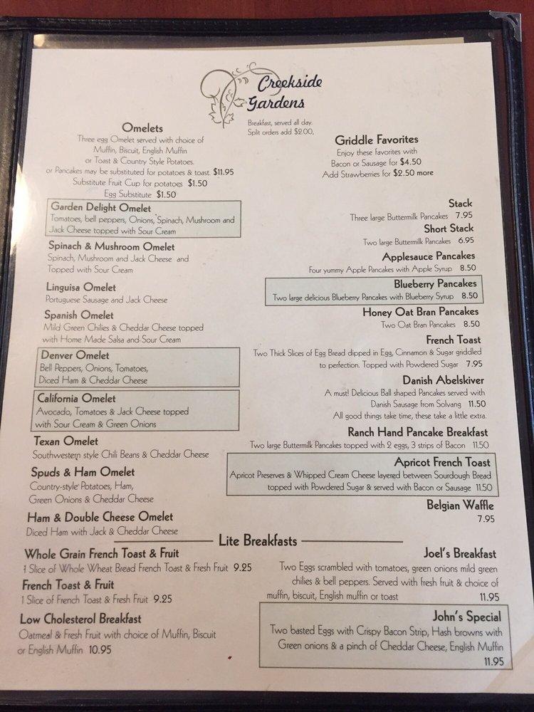 Menu at Creekside Gardens restaurant, Cambria