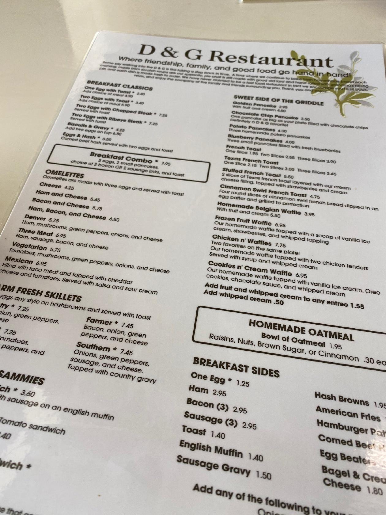 Menu at D & G Restaurant, Greenleaf