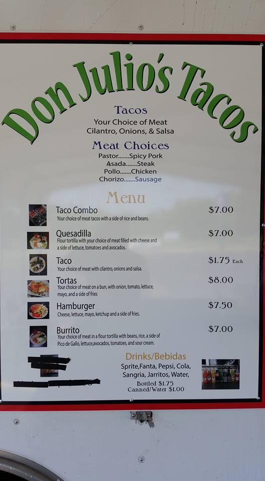 Menu at Don Julios Tacos restaurant, Muskogee