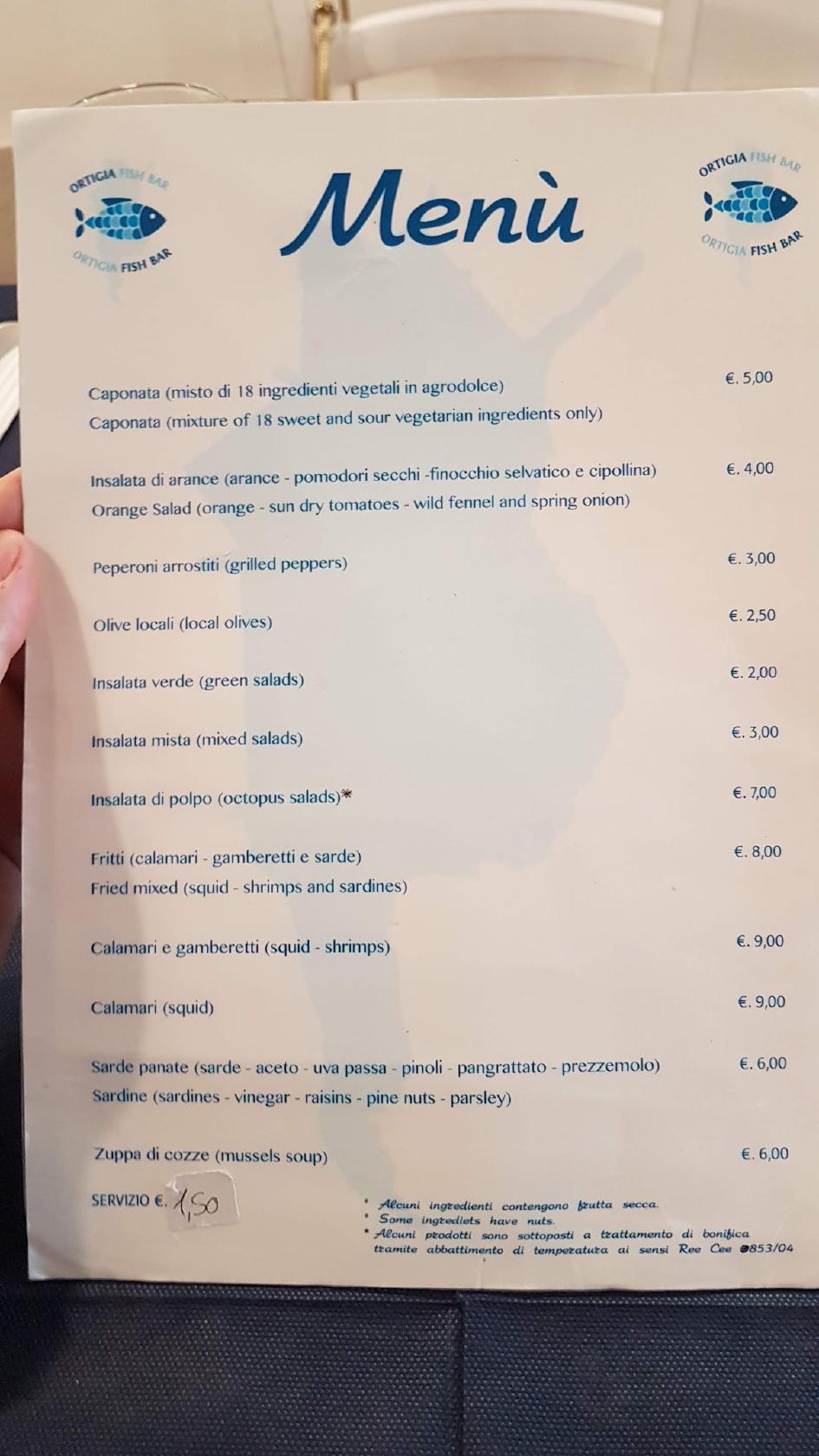 Menu at Ortigia Fish Bar, Syracuse, Via Nizza