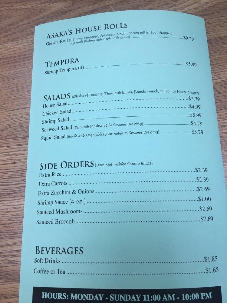 Menu at Asaka Japanese Cuisine restaurant, Asheville, 801 Biltmore Ave