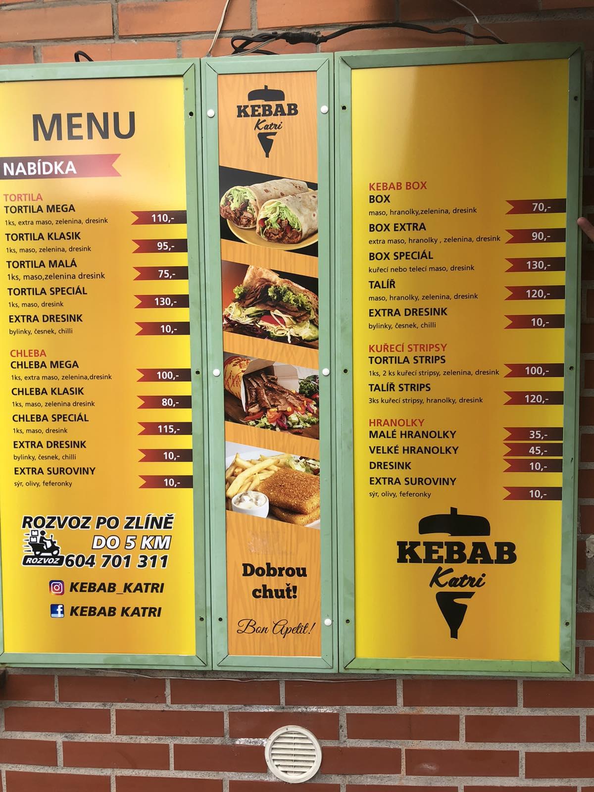 Menu at Katri kebab restaurant, Zlin