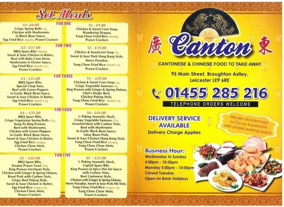 Menu at Canton Chinese Takeaway restaurant, Leicester