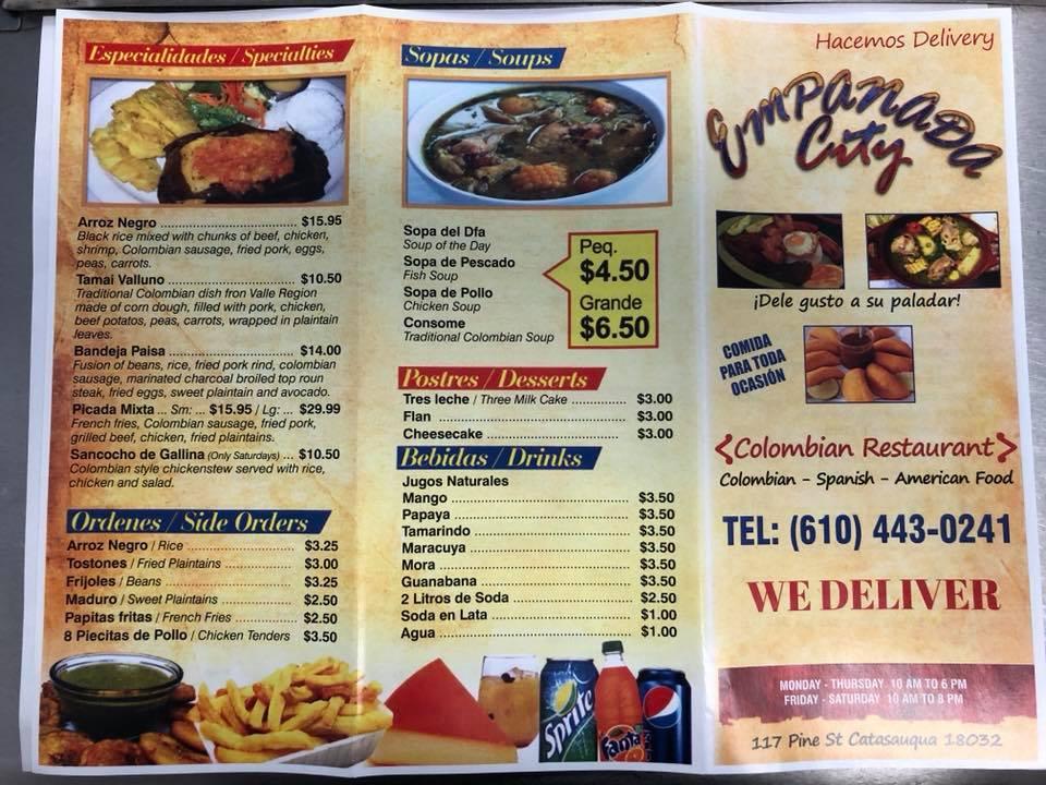 Menu at Empanada City restaurant, Catasauqua