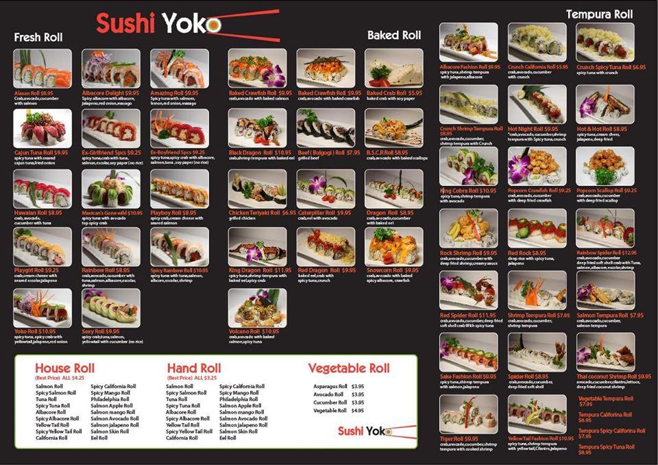 Menu at Sushi Yoko restaurant, Gardena