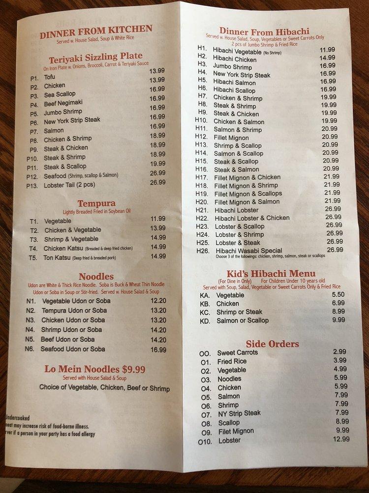 Menu at Wasabi Japanese Steakhouse & Sushi Bar, Kingsport