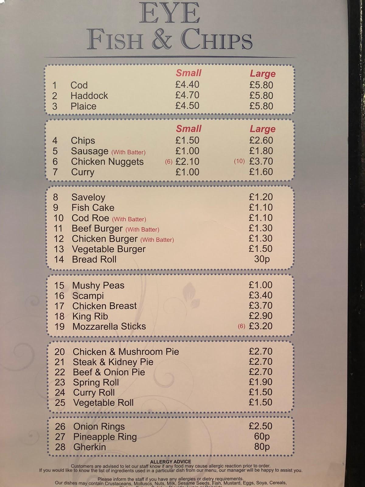 Menu at Eye Fish & Chip Shop fast food, Eye