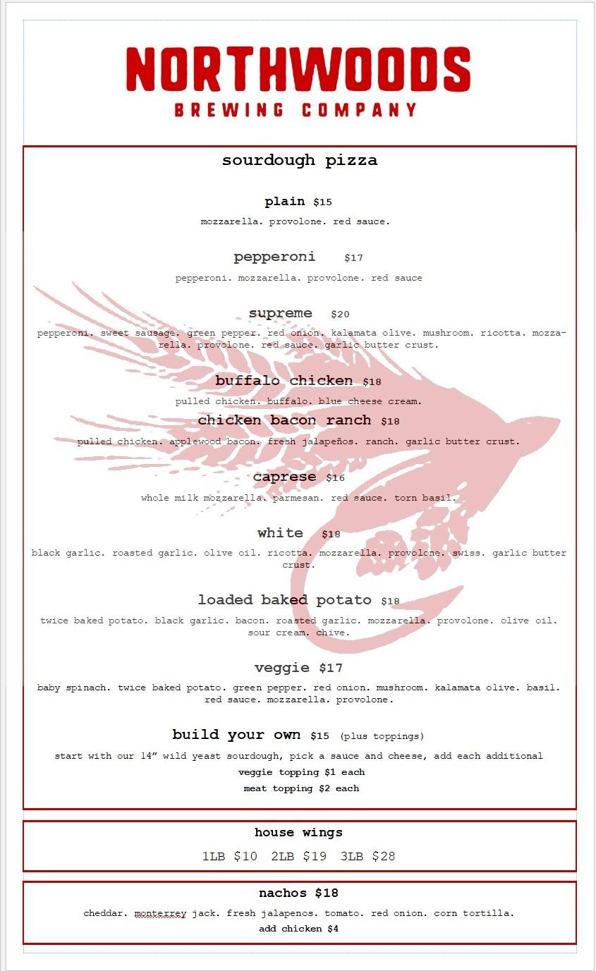 Menu at Northwoods Brewing Company pub & bar, Northwood