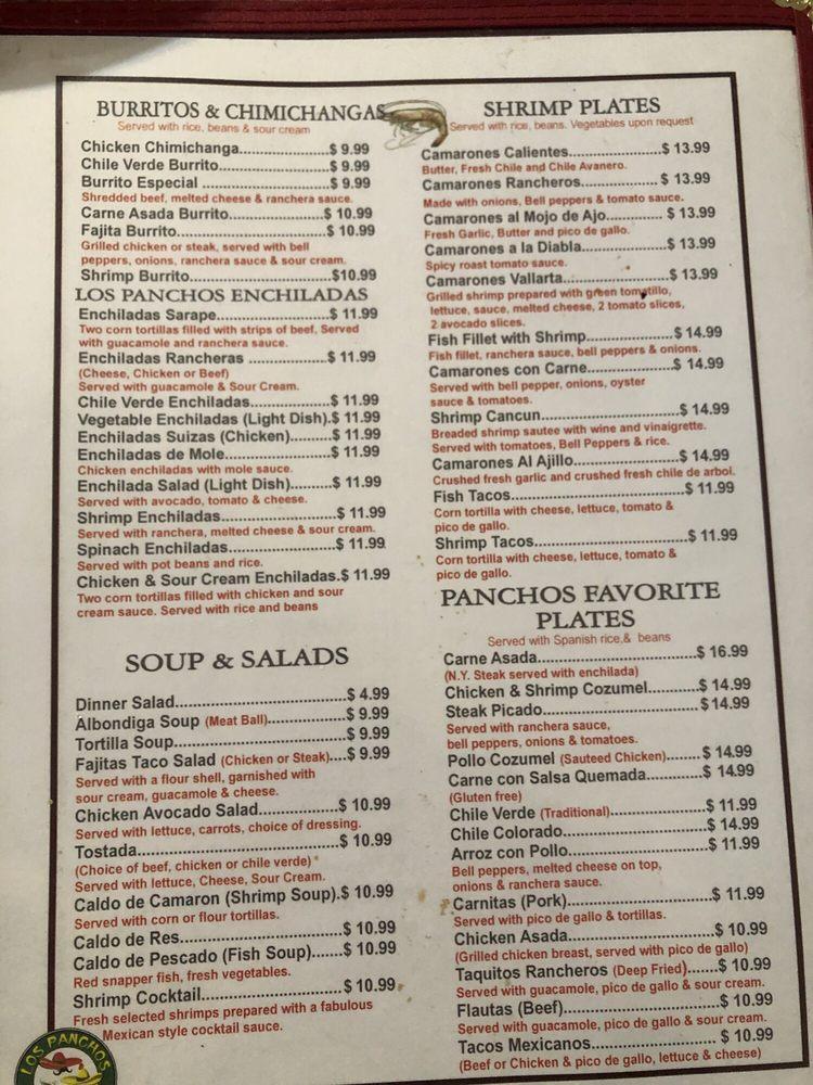 Menu at Los Panchos restaurant, Bakersfield