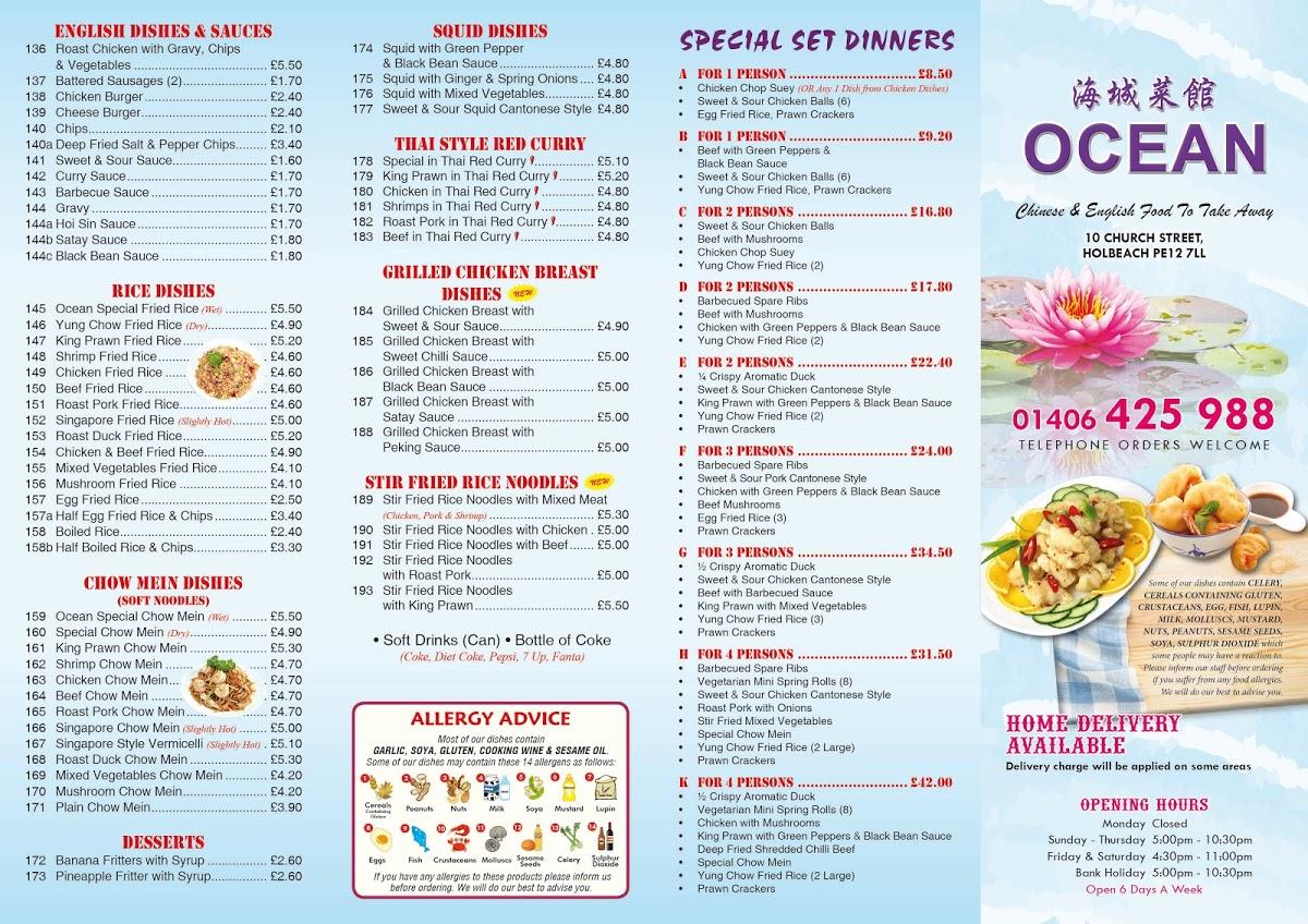 Menu at Ocean fast food, Whaplode