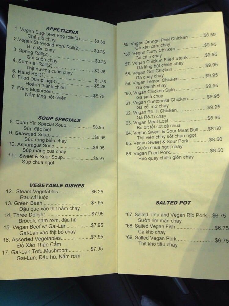Menu at Quan Yin restaurant, Houston