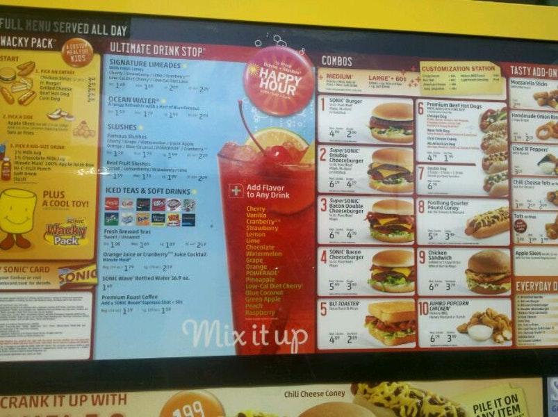 Menu at Sonic Drive-In fast food, Ocala, SW 19th Avenue Rd