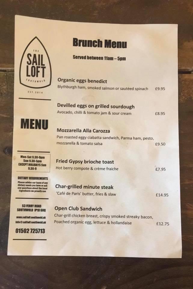 Menu at The Sail Loft restaurant, Southwold