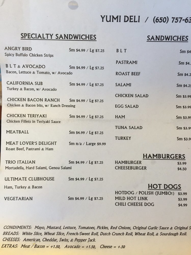 Menu at Yumi Deli, Daly City