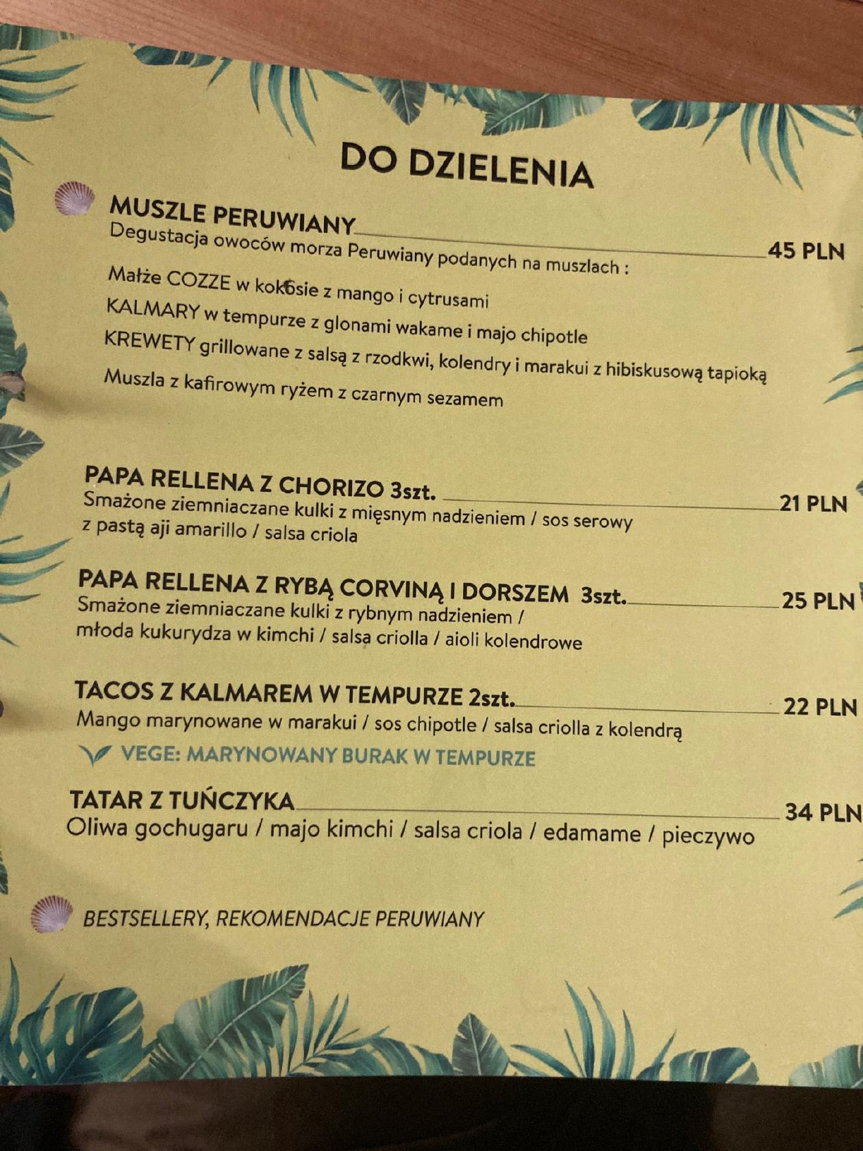 Menu at Peruwiana restaurant, Wrocław