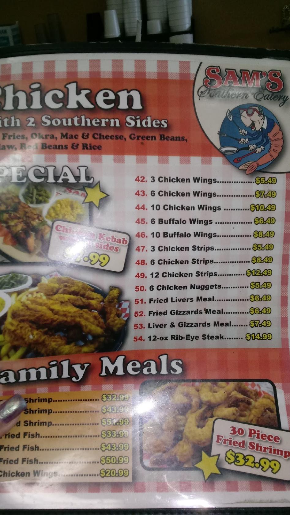 Menu at Sam's Southern Eatery restaurant, Bayou Vista