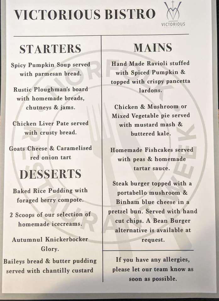 Menu at Victorious restaurant, Walsingham