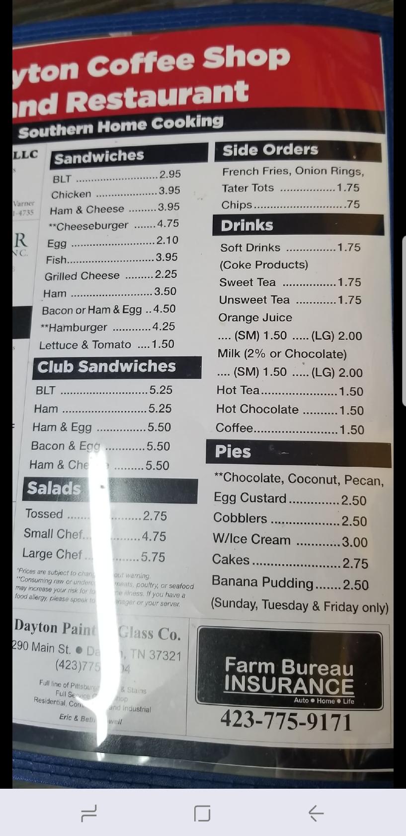 Menu at Dayton Coffee Shop restaurant, Dayton