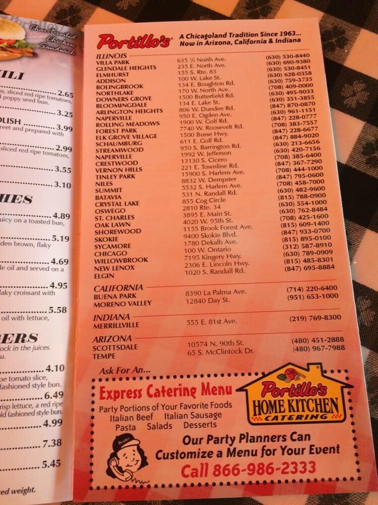 Menu at Portillo's Moreno Valley restaurant, Moreno Valley