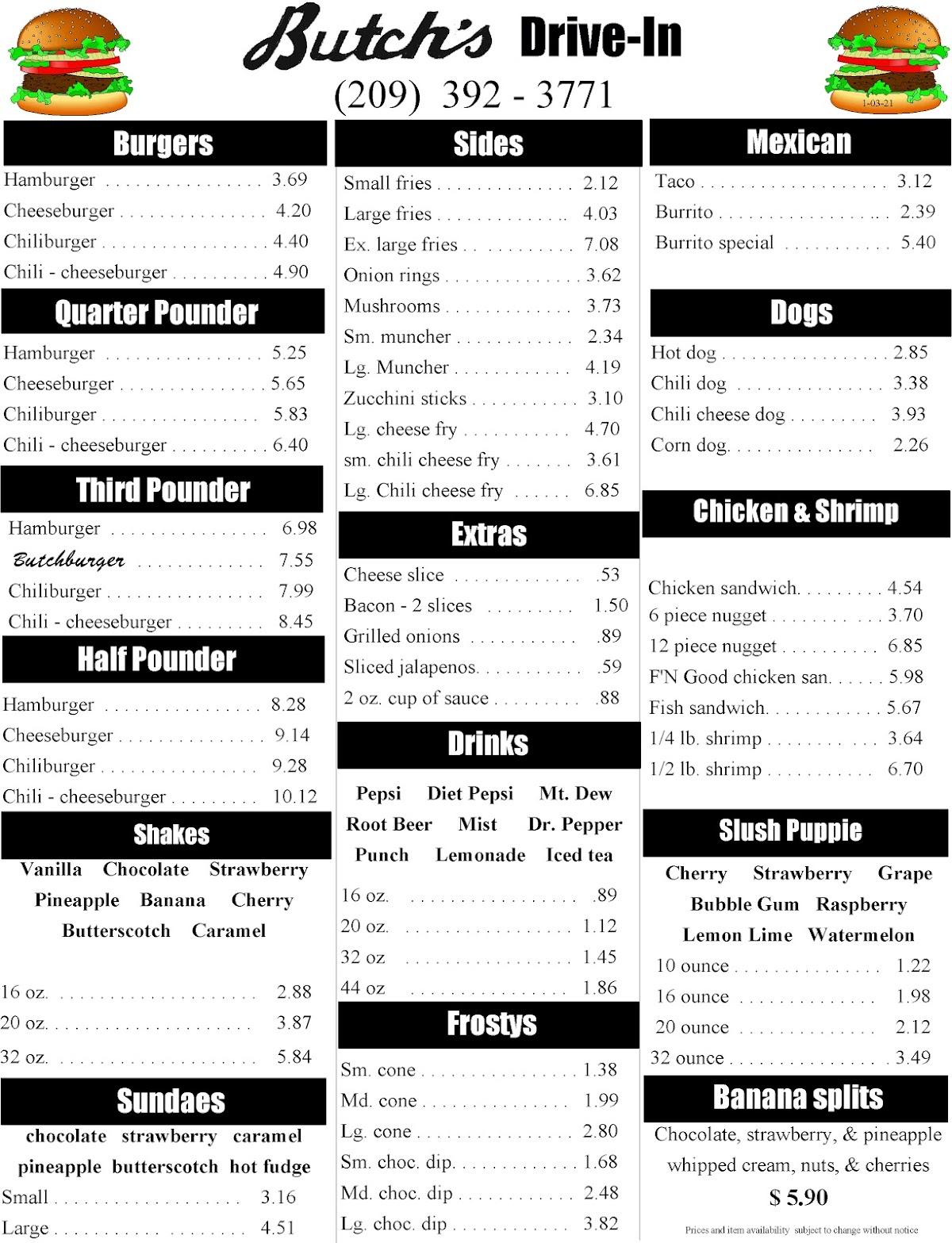 Menu at Butch's Drive In restaurant, Dos Palos