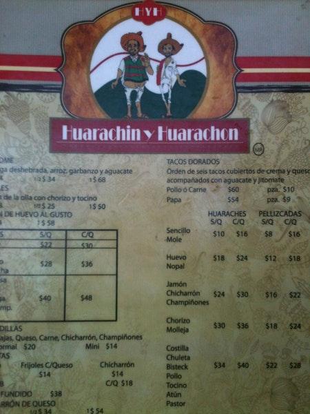 Menu at Huarachín y Huarachón restaurant, Tlalnepantla de Baz