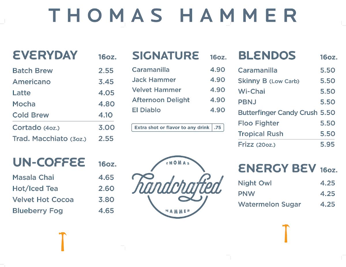 Menu at Thomas Hammer Coffee Roasters (L3 Cafeteria), Spokane, 101 W