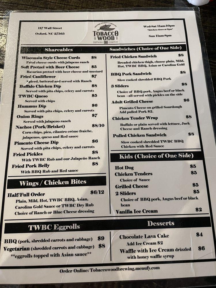 Menu at Tobacco Wood Brewing Company BBQ, Oxford