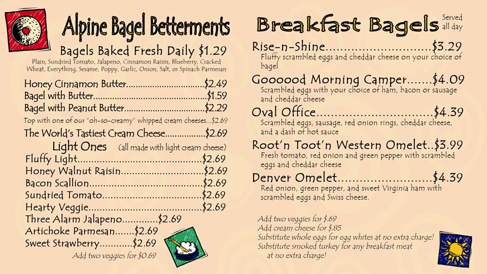 Menu at Alpine Bagel cafeteria, Chapel Hill