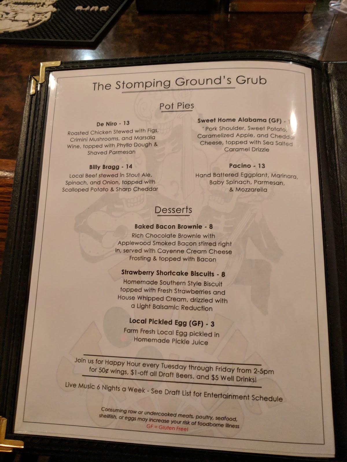 Menu at The Stomping Ground pub & bar, Putnam