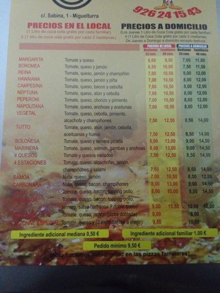 Carta del restaurante Tutto Pizza 2, Miguelturra