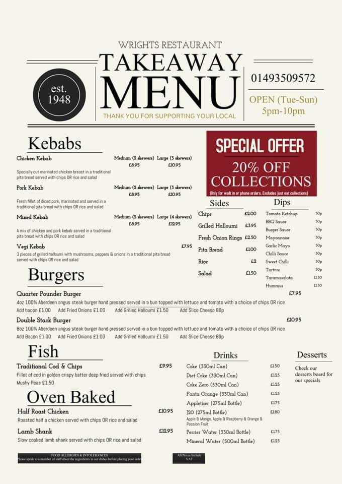 Menu at Wrights Restaurant, Great Yarmouth
