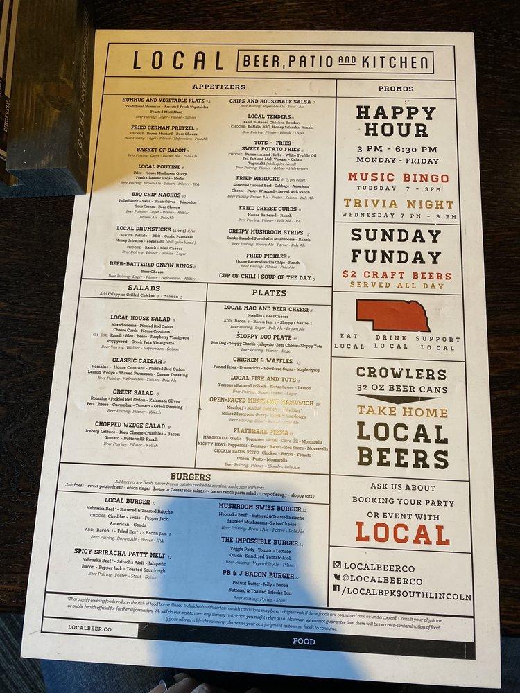 Menu at Local Beer Patio And Kitchen pub & bar, Lincoln