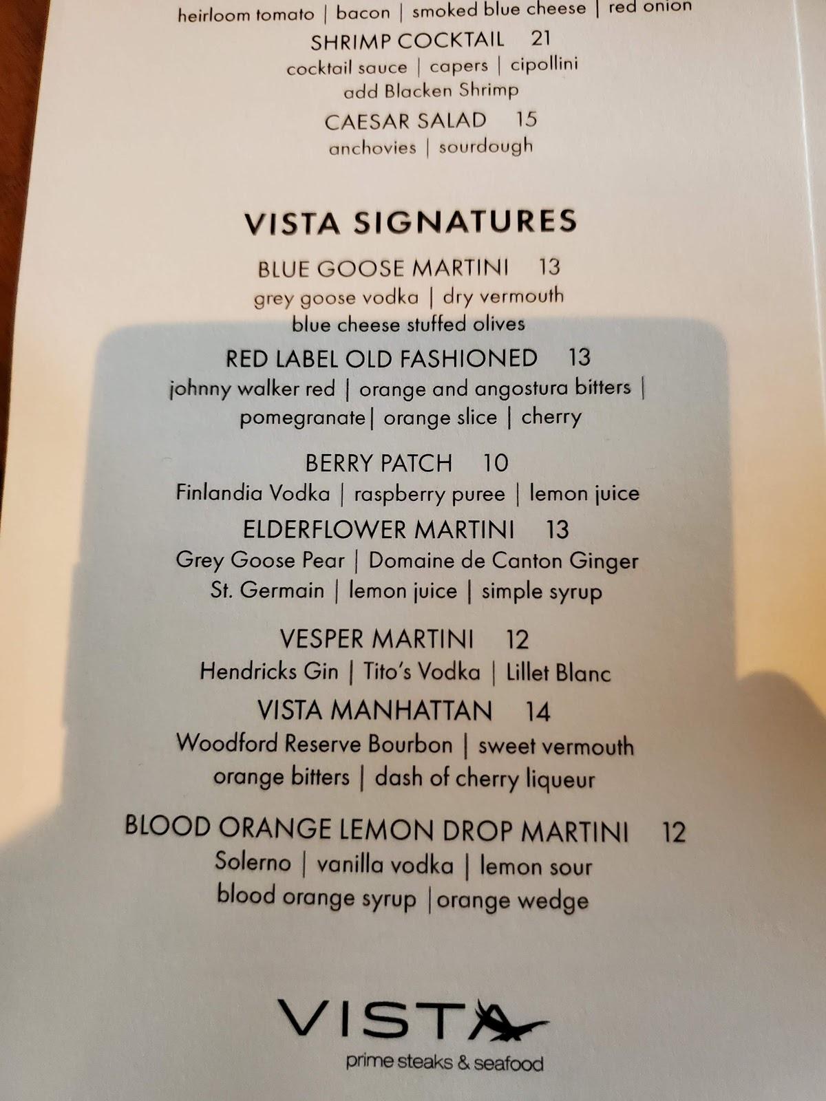 Menu at Vista Prime Steaks & Seafood steakhouse, Snoqualmie