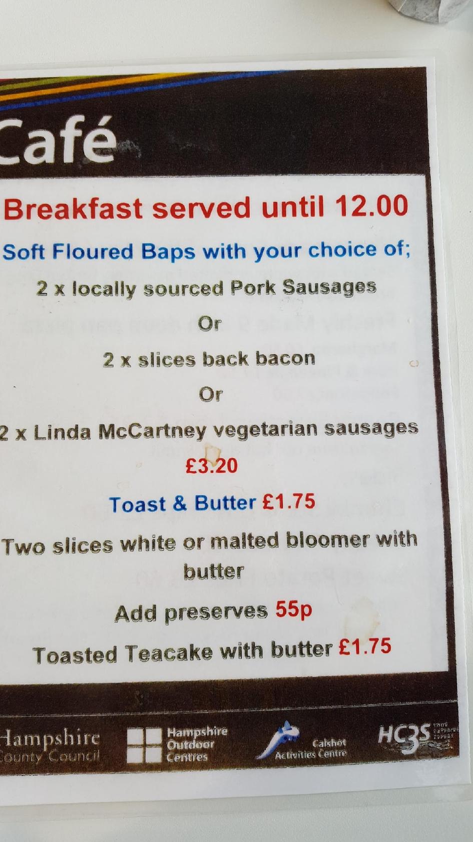 Menu at Café Bar at Calshot Activities Centre, Southampton