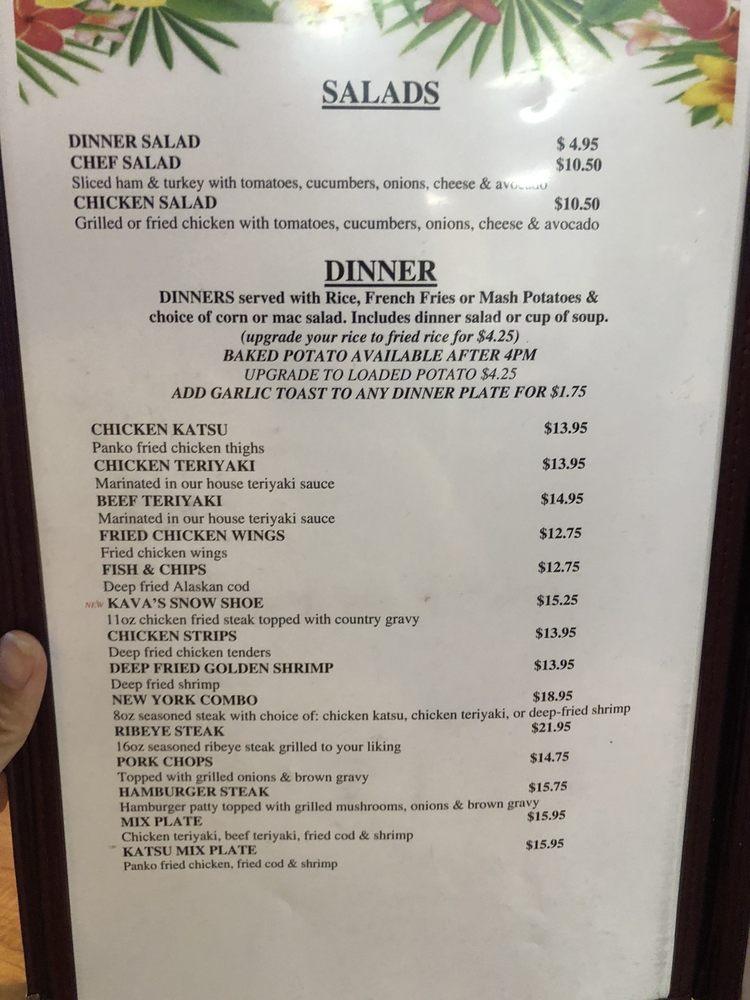 Menu at Kava's Pancake House restaurant, Anchorage, 100 Muldoon Rd