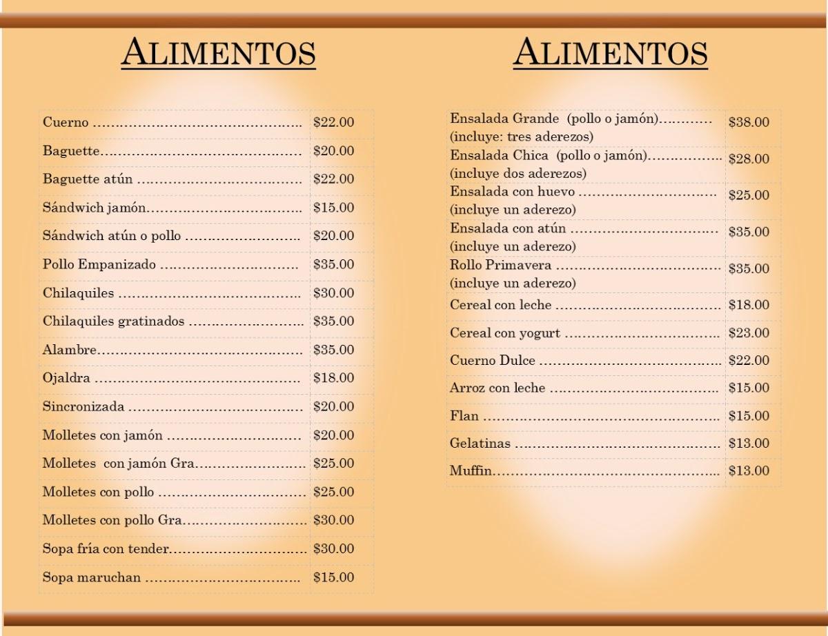 Menu at Cafetería Campos, Mexico City