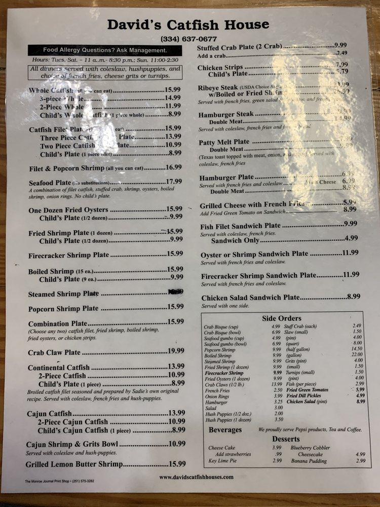 Menu at David's Catfish House restaurant, Thomasville