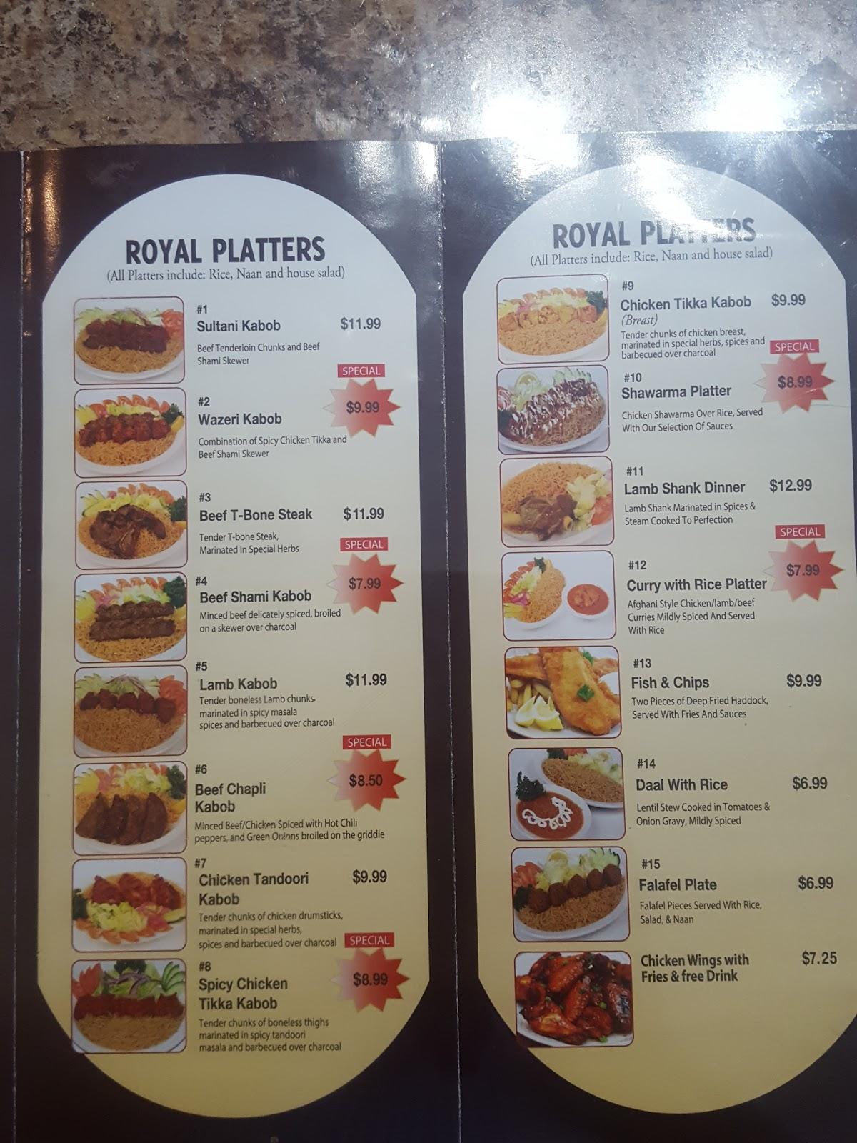 Menu at Royal Kabob Afghan Cuisine restaurant, Brampton, 284 Queen St E