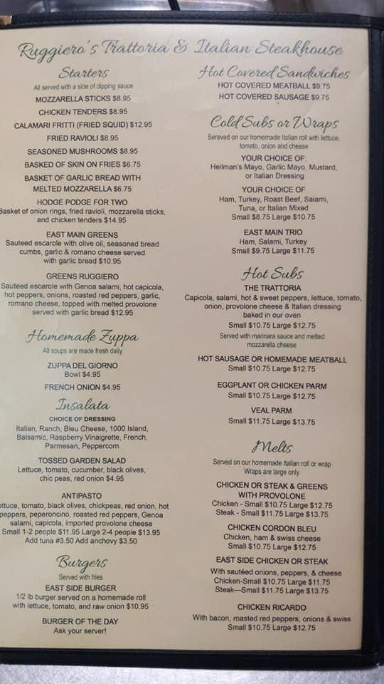 Menu at Ruggiero's Trattoria restaurant, Little Falls