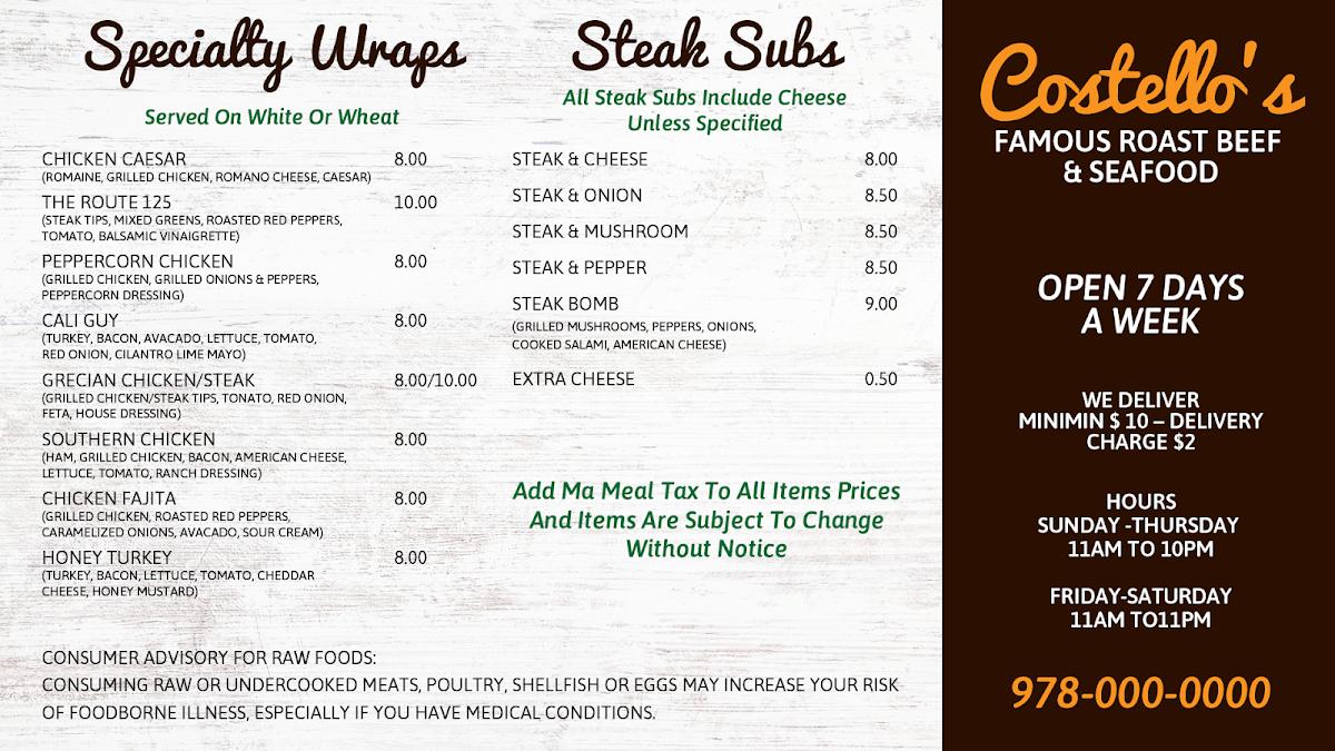Menu at Costello’s Famous Roastbeef, Seafood & Pizza BBQ, Haverhill