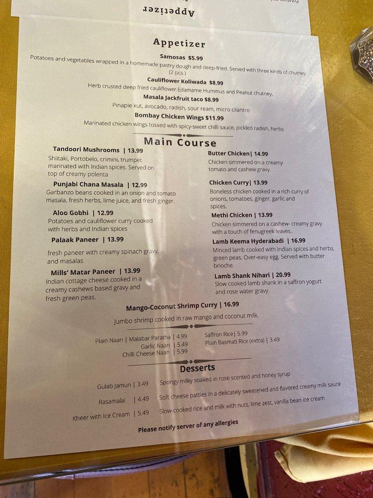 Menu at Saffron Twin Falls restaurant, Twin Falls