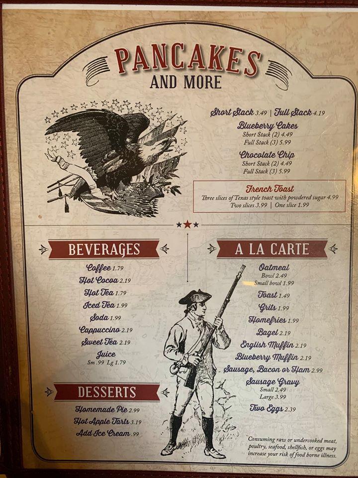 Menu at Paul Revere Family Restaurant, Mansfield