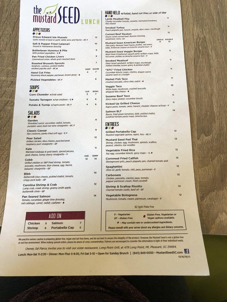 Menu at The Mustard Seed restaurant, Mount Pleasant, Chuck Dawley Blvd
