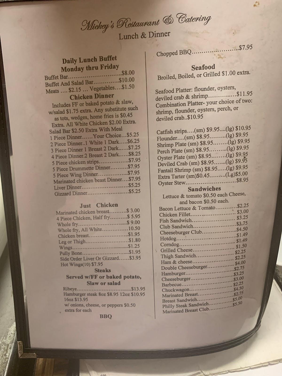 Menu at Mickey's restaurant, Pageland, 114 N Maple St